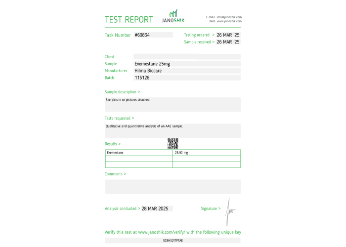 EXEMESTANE ( AROMASIN ) Manufacturer: Hilma Biocare Pack: 30 tabs/pack ( 25 mg/tab )