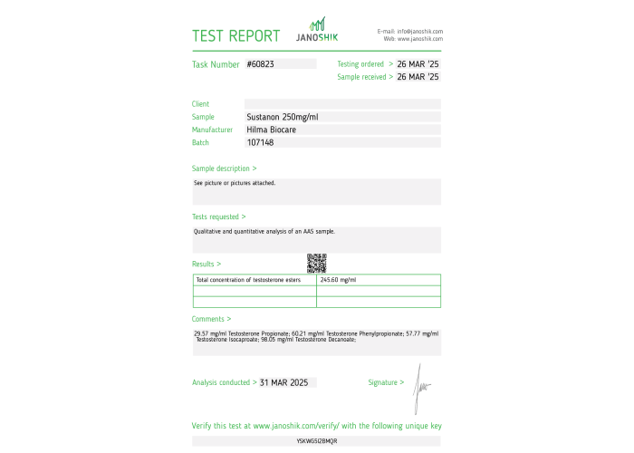 Sustanon (mélange de testostérone) Fabricant : Hilma Biocare Conditionnement : 10 ml/flacon ( 250 mg/ml )