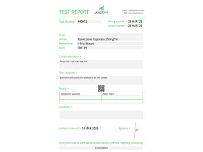 Testosterone Cypionate Fabricant : Hilma Biocare Emballage : Fiole de 10 ml (250 mg/ml)