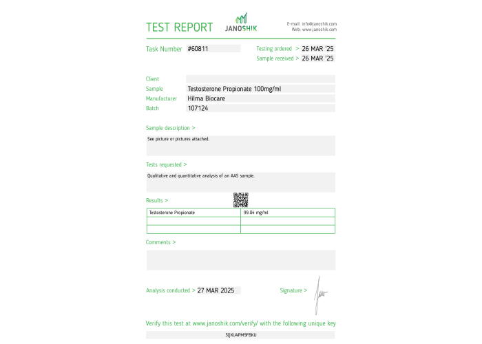 Propionate de testostérone Fabricant : Hilma Biocare Conditionnement : 10 ml/flacon ( 100 mg/ml )