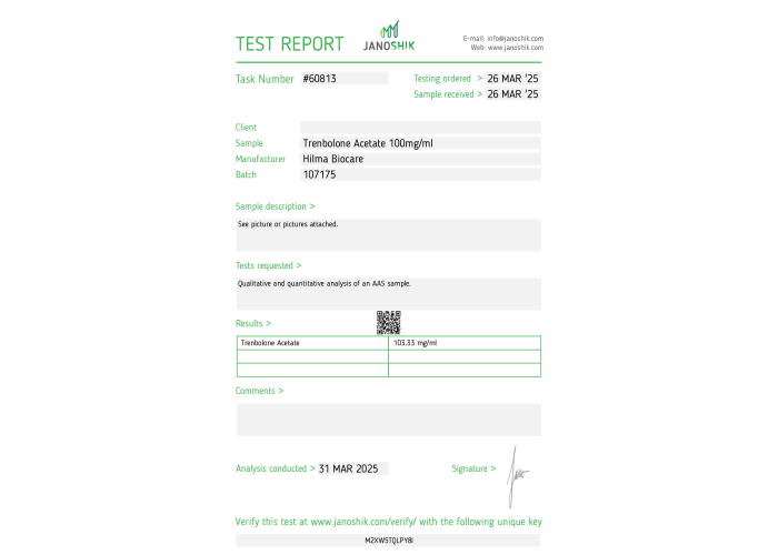 Trenbolone Acetate Fabricant: HIlma Biocare Emballage : Fiole de 10 ml (100 mg/ml)