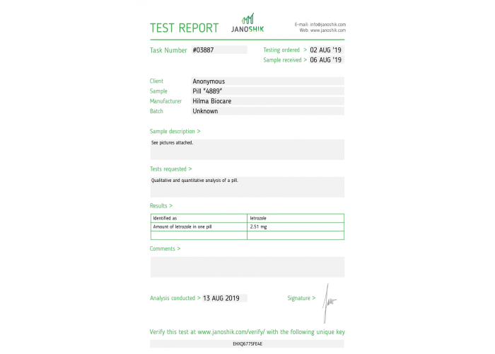 Letrozole ( Femara ) Manufacturer: Hilma Biocare Pack 30 tabs/pack (2.5mg/tab)