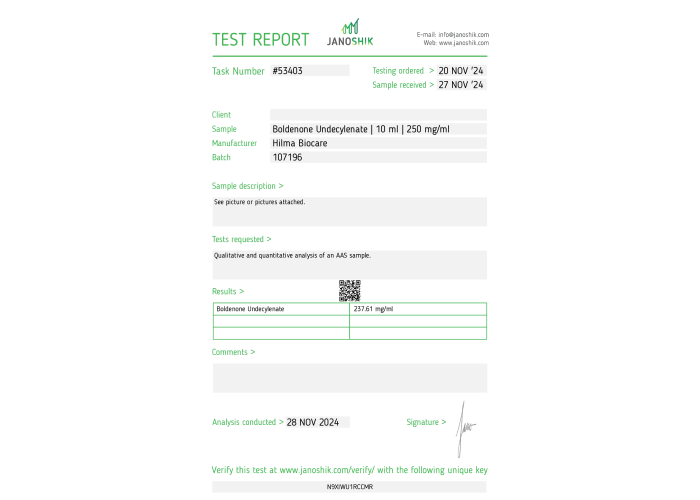Boldénone undecylenate ( Equipoise ) Fabricant : Hilma Biocare Conditionnement : 10 ml/flacon ( 250 mg/ml )
