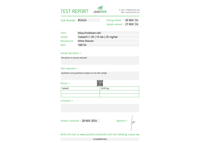 Tadalafil C20 (Cialis) Fabricant : Hilma Biocare Emballage : 10 comprimés/emballage (20 mg/comprimé)